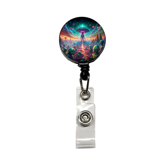 Psychedelic Alien Invasion Vibrant Colors Retractable ID Key Card Name Tag Badge Holder with Clip