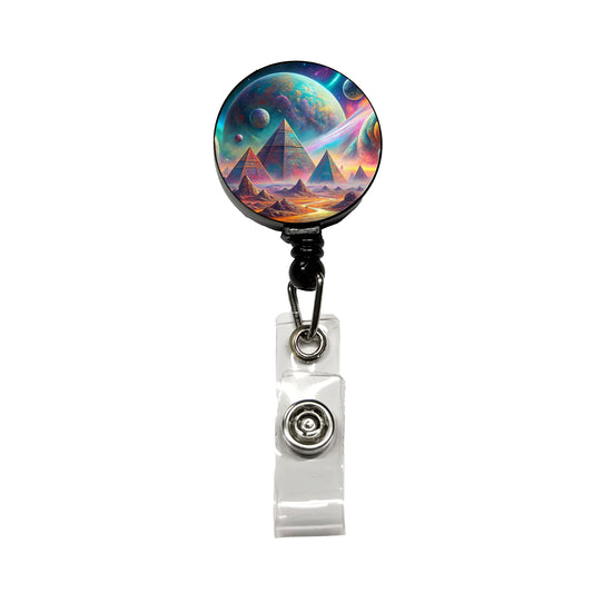 Psychedelic Alien Planet With Pyramids Vibrant Colors Retractable ID Key Card Name Tag Badge Holder with Clip