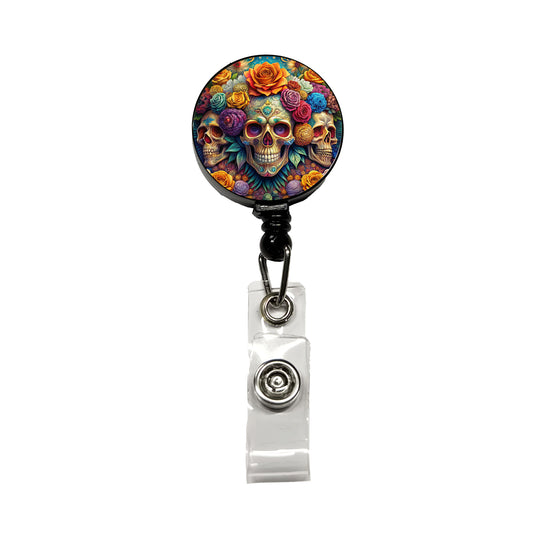 Psychedelic Colorful Skulls Flowers And Roses Retractable ID Key Card Name Tag Badge Holder with Clip
