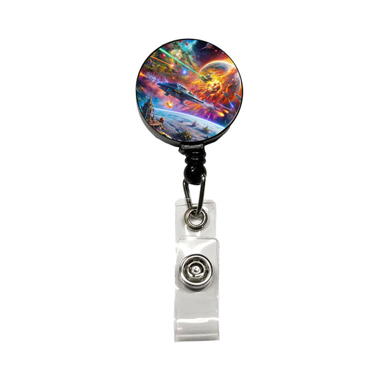 Psychedelic Colorful Space Sci-fi Starship Battle Retractable ID Key Card Name Tag Badge Holder with Clip