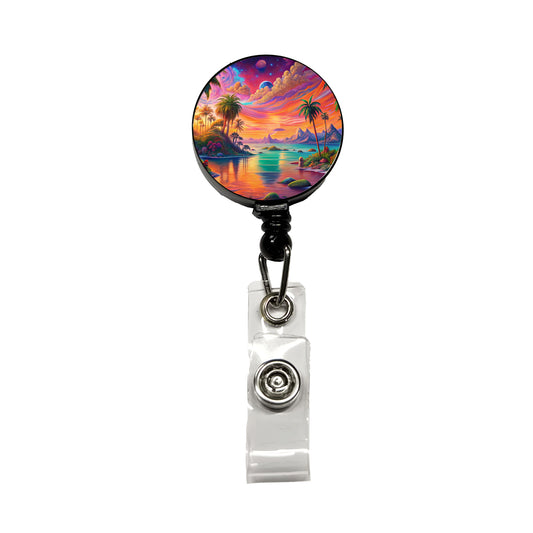 Psychedelic Colorful Tropical Beach Scene Retractable ID Key Card Name Tag Badge Holder with Clip