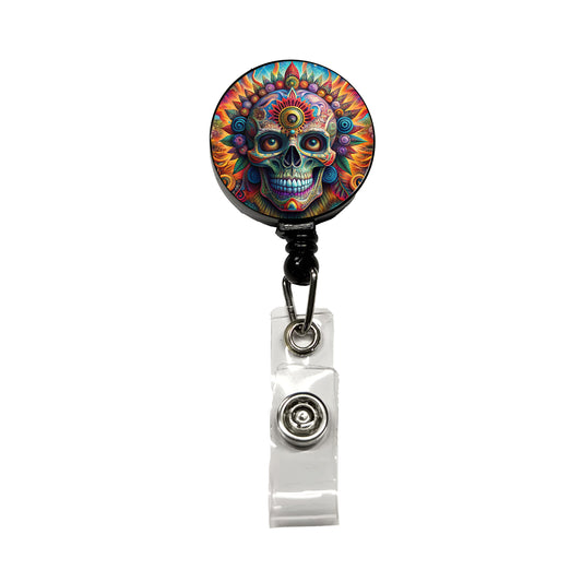Psychedelic Day of the Dead Skull Vibrant Colors Retractable ID Key Card Name Tag Badge Holder with Clip