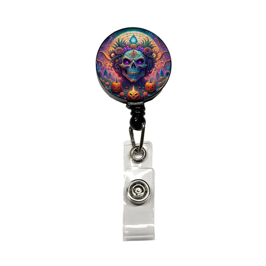 Psychedelic Halloween Skulls Pumpkins Vibrant Colors Retractable ID Key Card Name Tag Badge Holder with Clip
