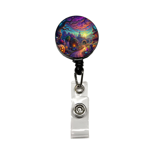 Psychedelic Halloween Town Scene Vibrant Colors Retractable ID Key Card Name Tag Badge Holder with Clip