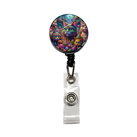 Psychedelic Lots of Cats Vibrant Colors Retractable ID Key Card Name Tag Badge Holder with Clip