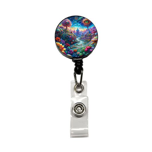 Psychedelic Lots of Flowers Vibrant Colors Retractable ID Key Card Name Tag Badge Holder with Clip