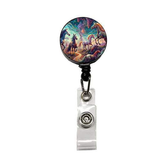 Psychedelic Lots of Horses Vibrant Colors Retractable ID Key Card Name Tag Badge Holder with Clip