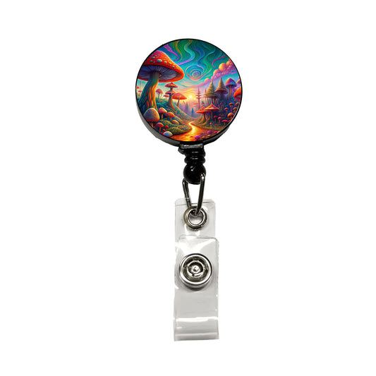 Psychedelic Lots of Mushrooms Vibrant Colors Retractable ID Key Card Name Tag Badge Holder with Clip