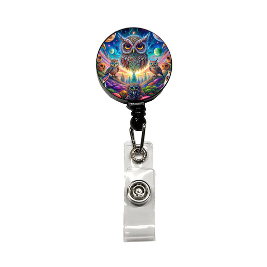 Psychedelic Lots of Owls Vibrant Colors Retractable ID Key Card Name Tag Badge Holder with Clip
