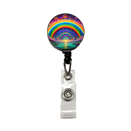 Psychedelic Lots of Rainbows Colors Retractable ID Key Card Name Tag Badge Holder with Clip