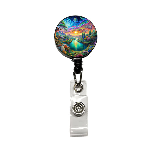 Psychedelic Nature Lake Vibrant Colors Retractable ID Key Card Name Tag Badge Holder with Clip