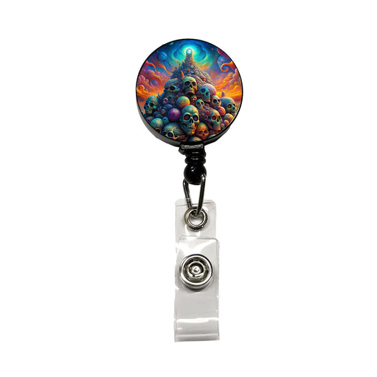 Psychedelic Pile Of Skulls Vibrant Colors Retractable ID Key Card Name Tag Badge Holder with Clip