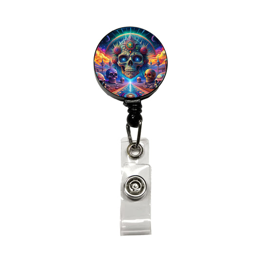 Psychedelic Skulls Design Retractable ID Key Card Name Tag Badge Holder with Clip