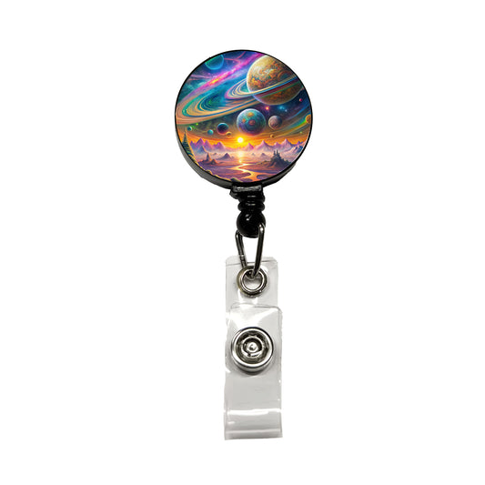 Psychedelic Solar System Space Design Retractable ID Key Card Name Tag Badge Holder with Clip