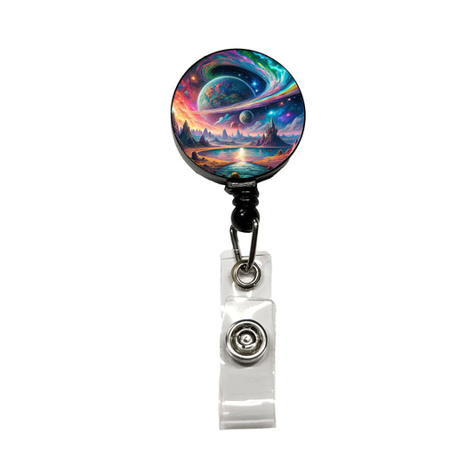 Psychedelic Space Galaxy Planet Vibrant Colors Retractable ID Key Card Name Tag Badge Holder with Clip