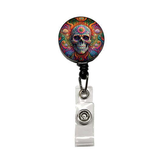 Psychedelic Sugar Skull Day of the Dead Retractable ID Key Card Name Tag Badge Holder with Clip