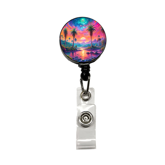 Psychedelic Tropical Palm Trees Colorful Scene Retractable ID Key Card Name Tag Badge Holder with Clip