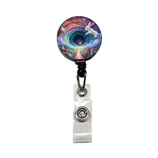 Psychedelic Wonderland White Rabbit Going Down The Hole Retractable ID Key Card Name Tag Badge Holder with Clip