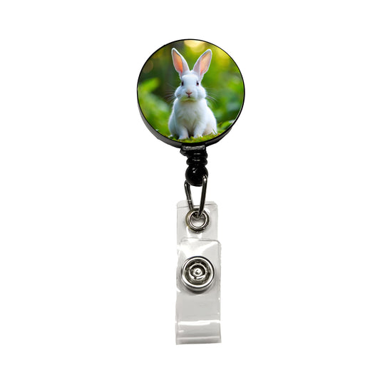 White Bunny Rabbit Retractable ID Key Card Name Tag Badge Holder with Clip