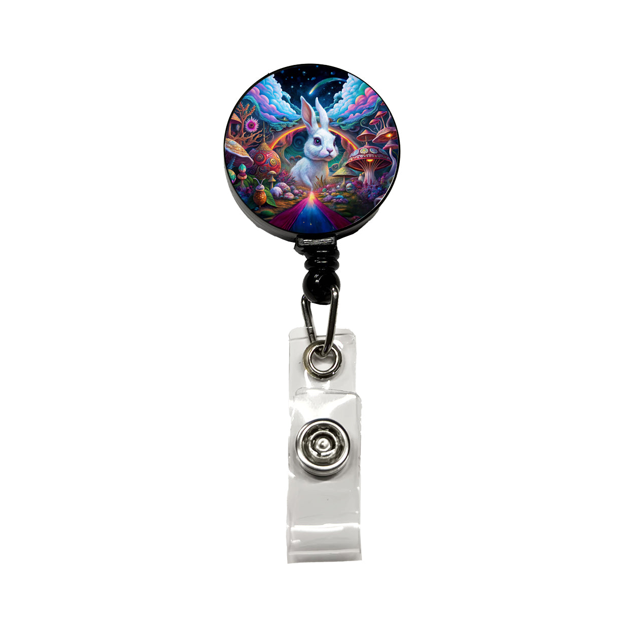 White Rabbit Psychedelic Trippy Wonderland Design Retractable ID Key Card Name Tag Badge Holder with Clip
