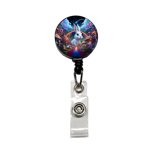 White Rabbit Psychedelic Trippy Wonderland Design Retractable ID Key Card Name Tag Badge Holder with Clip