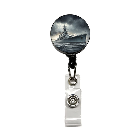 WWII Battleship At Sea Retractable ID Key Card Name Tag Badge Holder with Clip