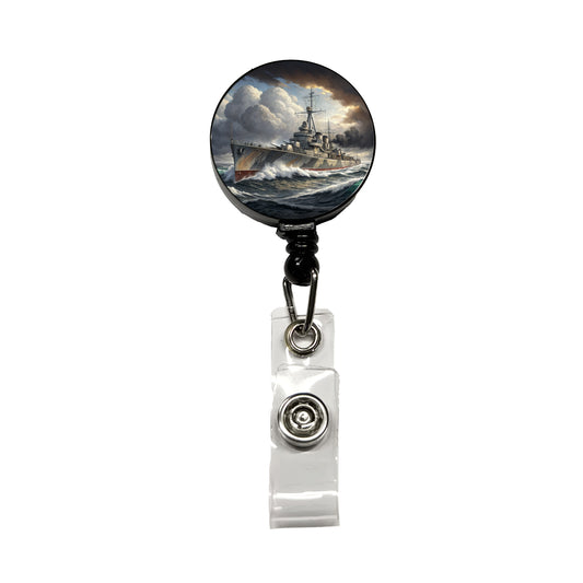 WWII Destroyer at Sea Retractable ID Key Card Name Tag Badge Holder with Clip