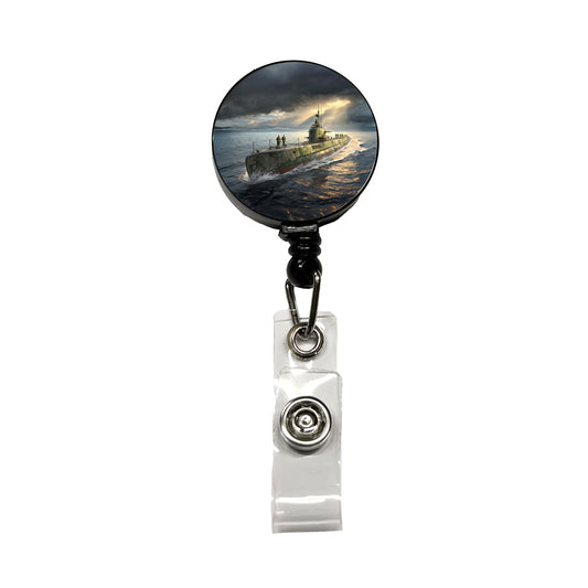 WWII Submarine Running On Surface Retractable ID Key Card Name Tag Badge Holder with Clip