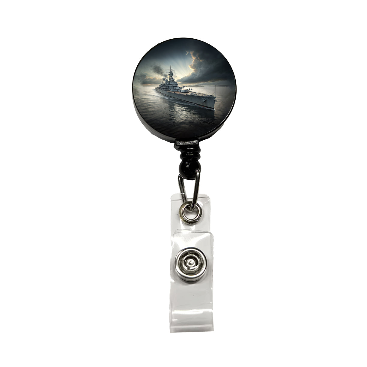 WWII US Navy Battleship At Sea Retractable ID Key Card Name Tag Badge Holder with Clip