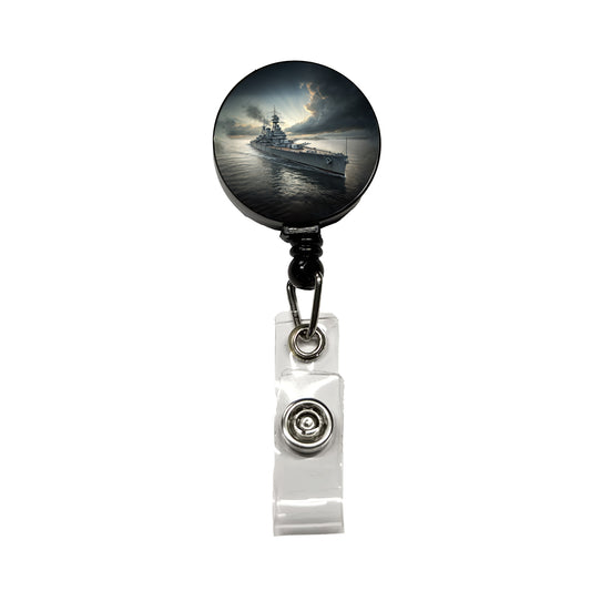 WWII US Navy Battleship At Sea Retractable ID Key Card Name Tag Badge Holder with Clip