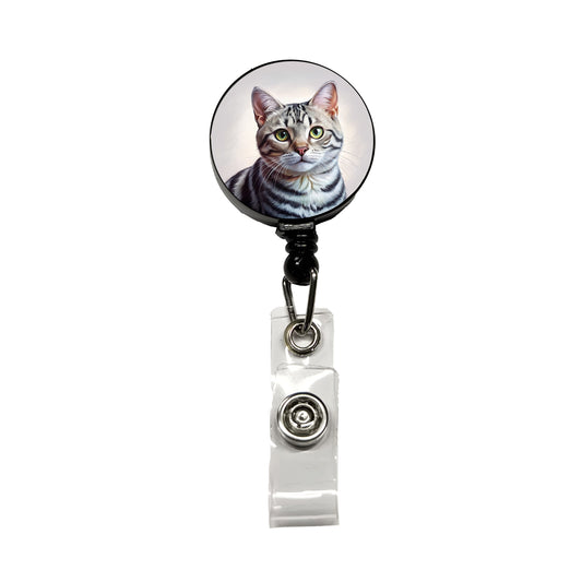 American Shorthair Cat Illustration Retractable ID Key Card Name Tag Badge Holder with Clip