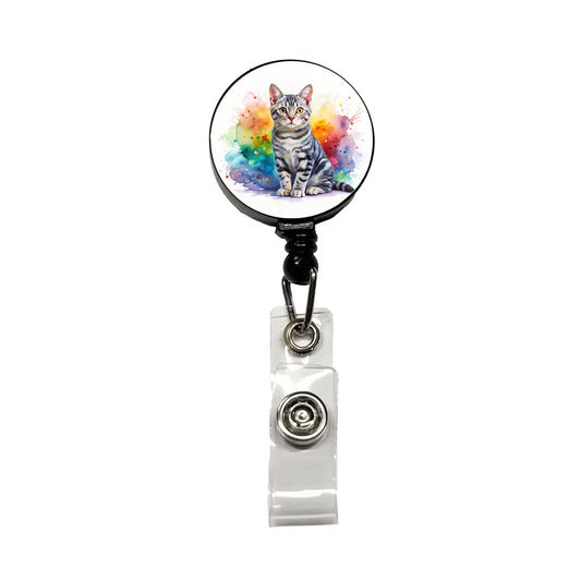 American Shorthair Cat Watercolor Style Retractable ID Key Card Name Tag Badge Holder with Clip