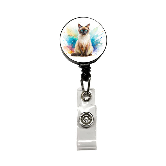 Balinese Cat Watercolor Style Retractable ID Key Card Name Tag Badge Holder with Clip