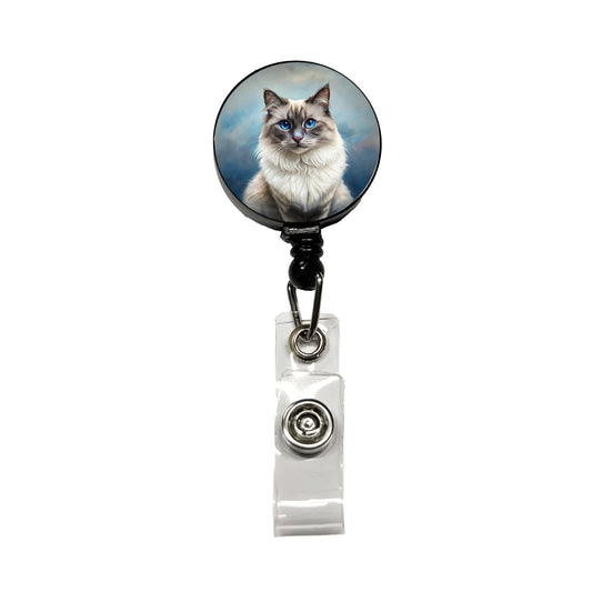 Birman Cat Illustration Retractable ID Key Card Name Tag Badge Holder with Clip
