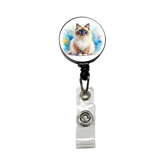 Birman Cat Watercolor Style Retractable ID Key Card Name Tag Badge Holder with Clip