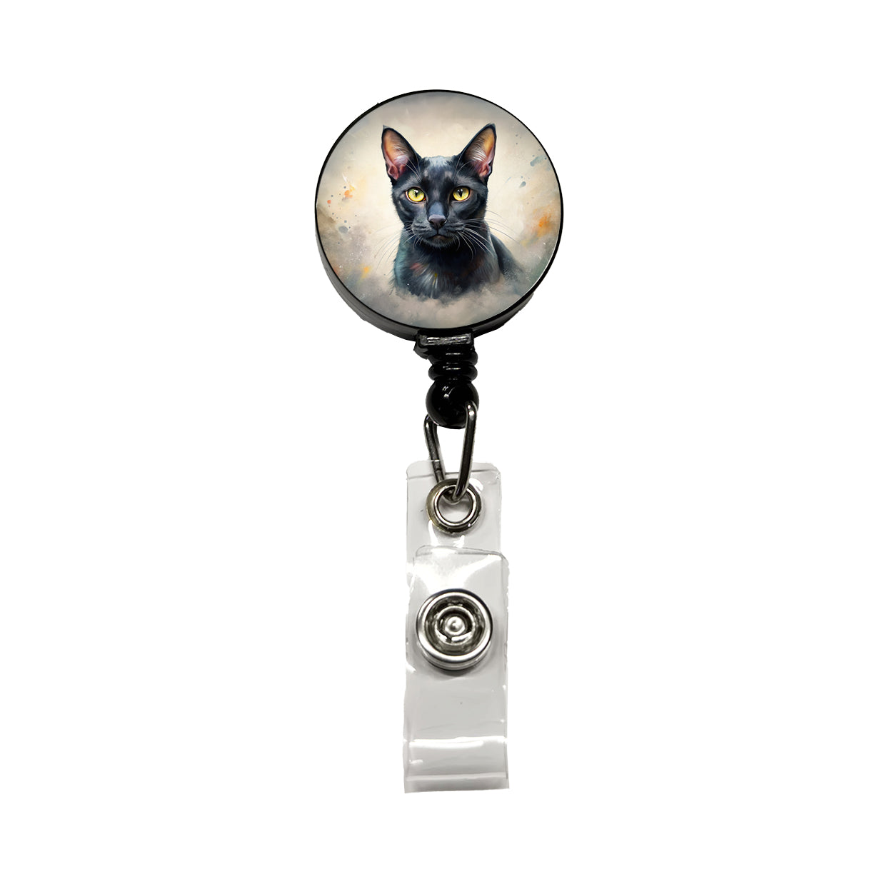 Bombay Black Cat Illustration Retractable ID Key Card Name Tag Badge Holder with Clip