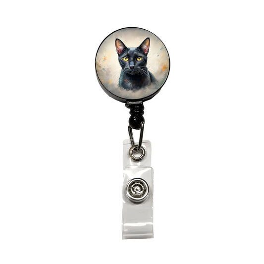 Bombay Black Cat Illustration Retractable ID Key Card Name Tag Badge Holder with Clip