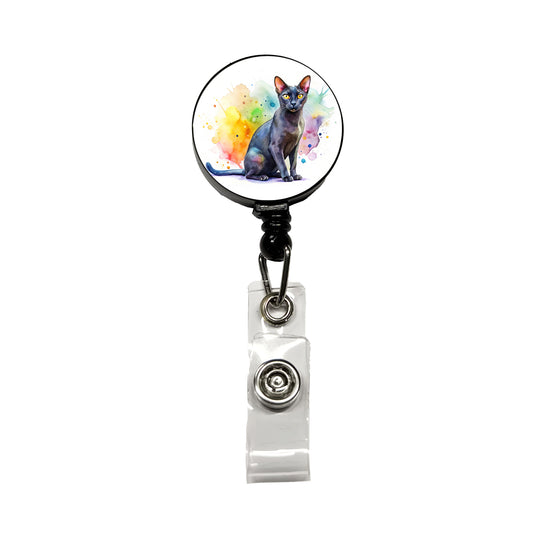 Bombay Black Cat Watercolor Style Retractable ID Key Card Name Tag Badge Holder with Clip