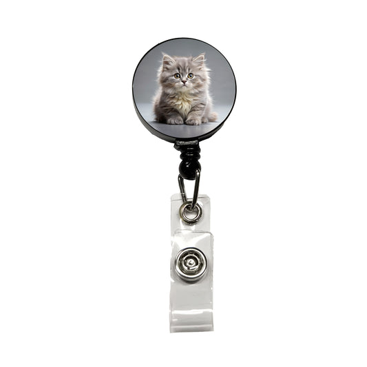 British Longhair Gray Cat Kitten Photo Retractable ID Key Card Name Tag Badge Holder with Clip