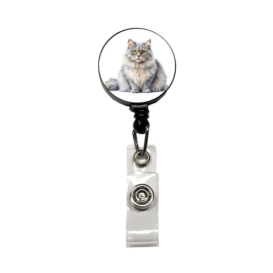 British Longhair Gray Cat Watercolor Style Retractable ID Key Card Name Tag Badge Holder with Clip