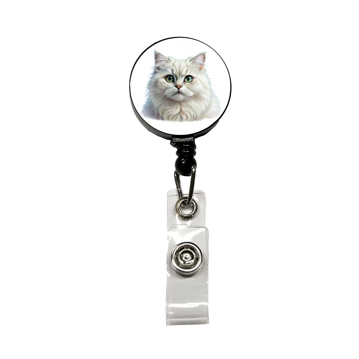 British Longhair White Cat Illustration Retractable ID Key Card Name Tag Badge Holder with Clip