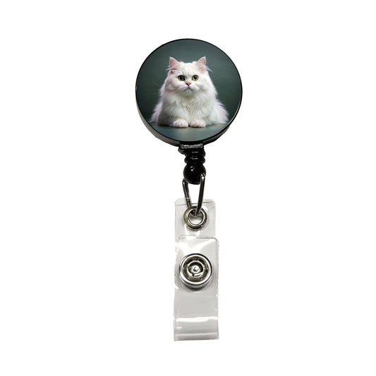 British Longhair White Cat Photo Retractable ID Key Card Name Tag Badge Holder with Clip