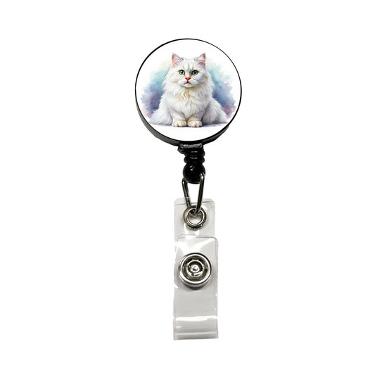 British Longhair White Cat Watercolor Style Retractable ID Key Card Name Tag Badge Holder with Clip