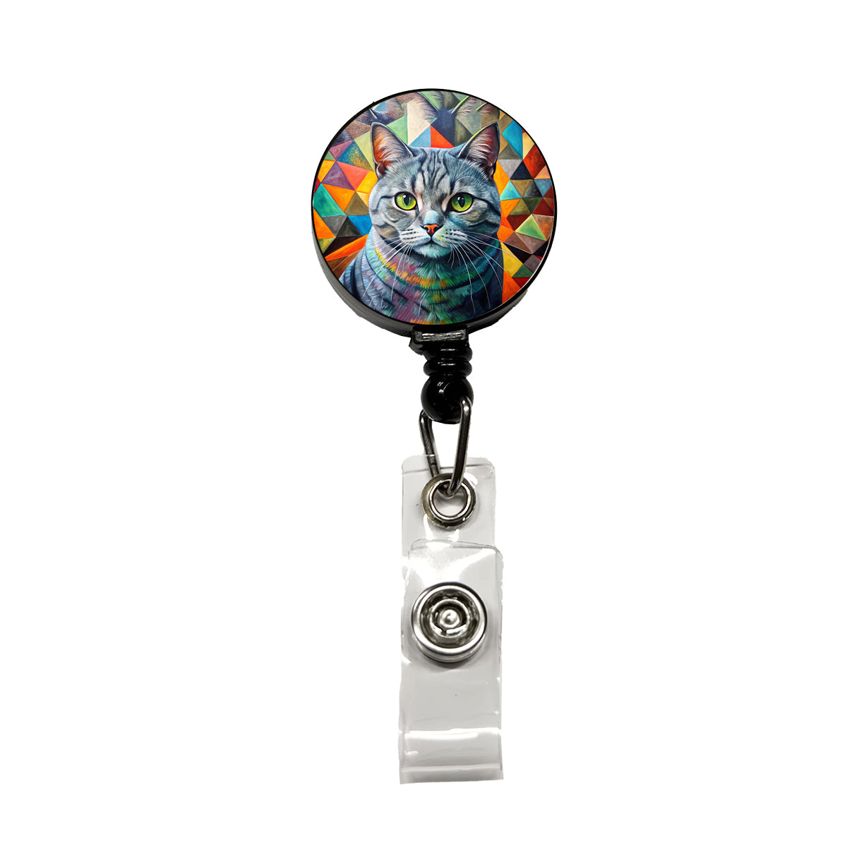 British Shorthair Gray Cat Abstract Art Retractable ID Key Card Name Tag Badge Holder with Clip