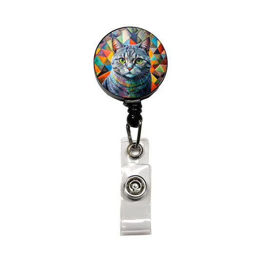 British Shorthair Gray Cat Abstract Art Retractable ID Key Card Name Tag Badge Holder with Clip