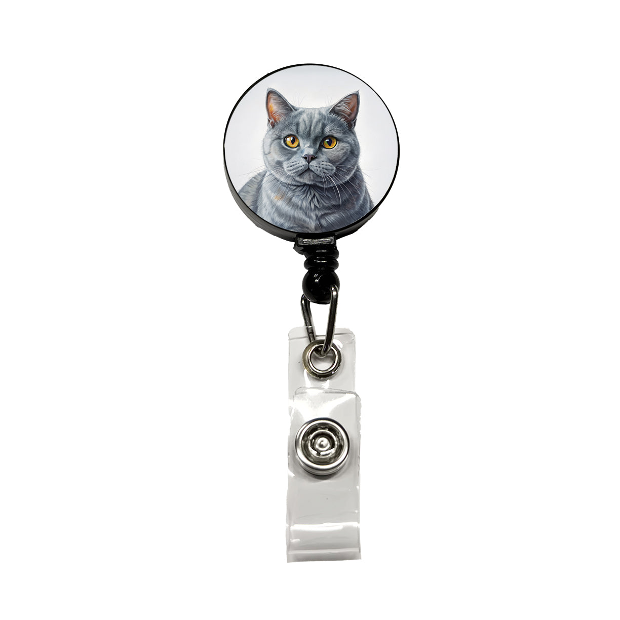 British Shorthair Gray Cat Illustration Retractable ID Key Card Name Tag Badge Holder with Clip