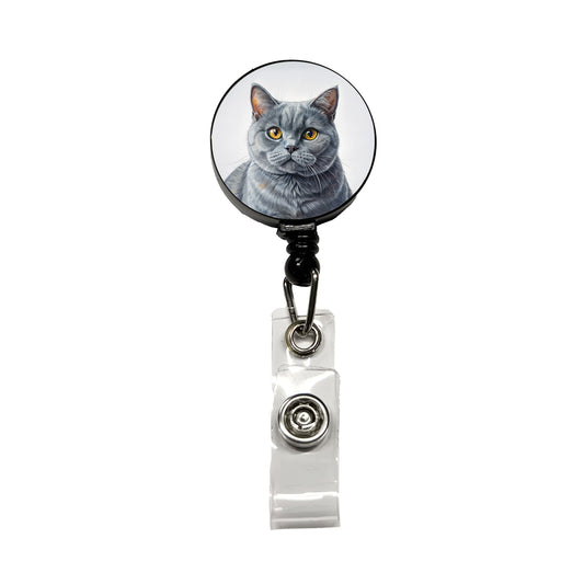 British Shorthair Gray Cat Illustration Retractable ID Key Card Name Tag Badge Holder with Clip