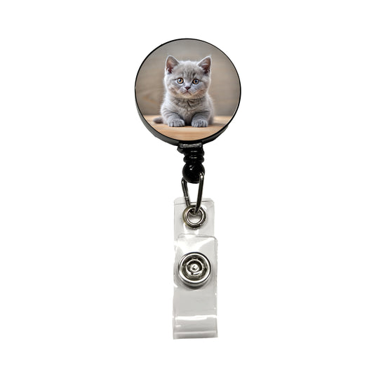 British Shorthair Gray Cat Kitten Photo Retractable ID Key Card Name Tag Badge Holder with Clip
