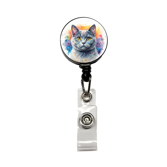 British Shorthair Gray Cat Watercolor Style Retractable ID Key Card Name Tag Badge Holder with Clip