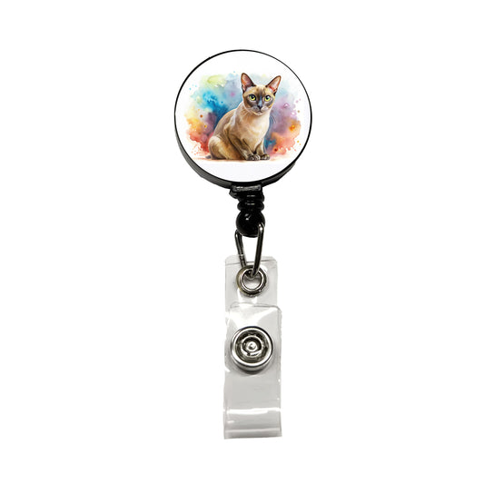 Burmese Cat Watercolor Style Retractable ID Key Card Name Tag Badge Holder with Clip